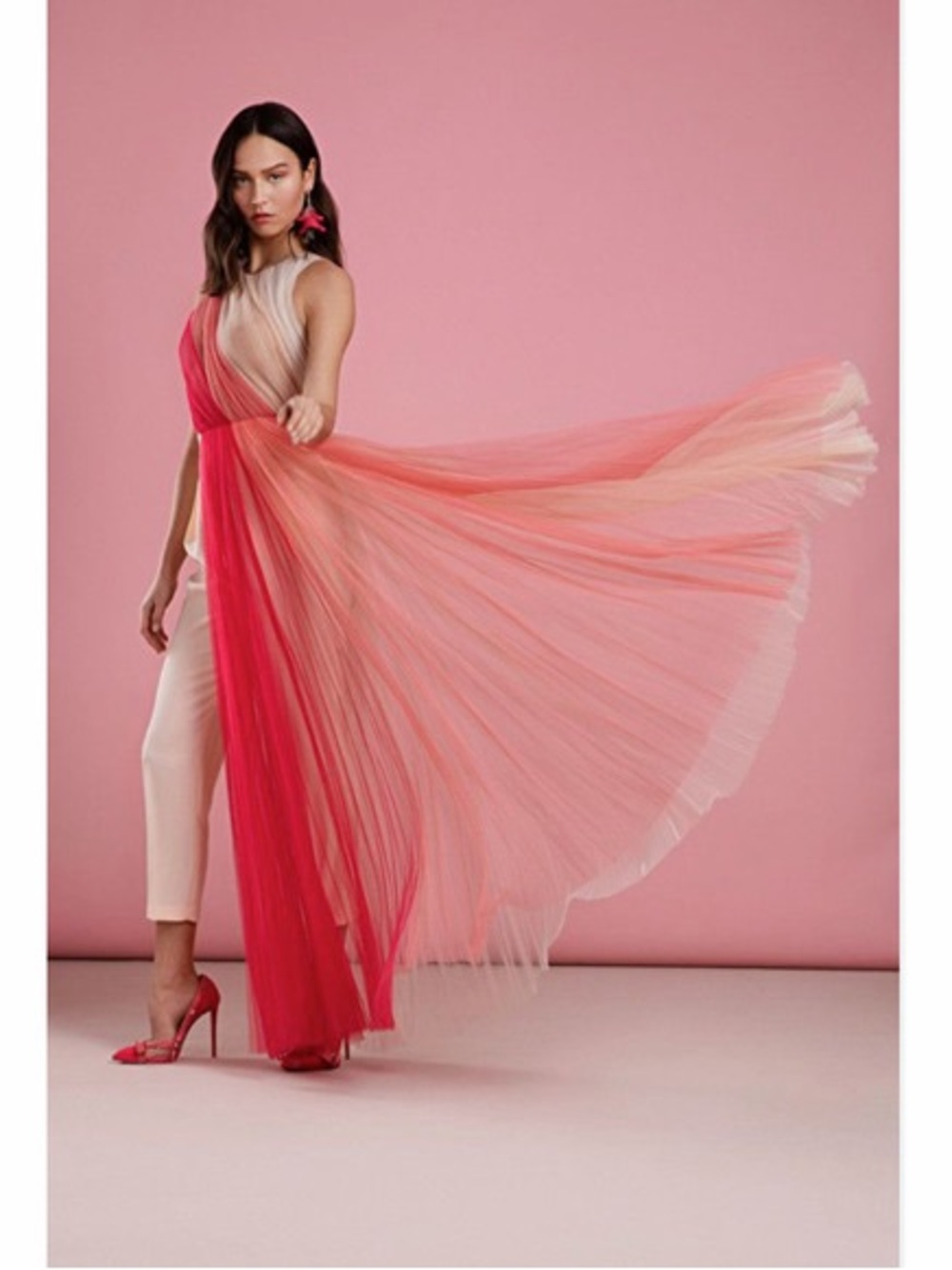 Boston Proper Pink Ombre Asymmetrical Tulle Overlay Jumpsuit